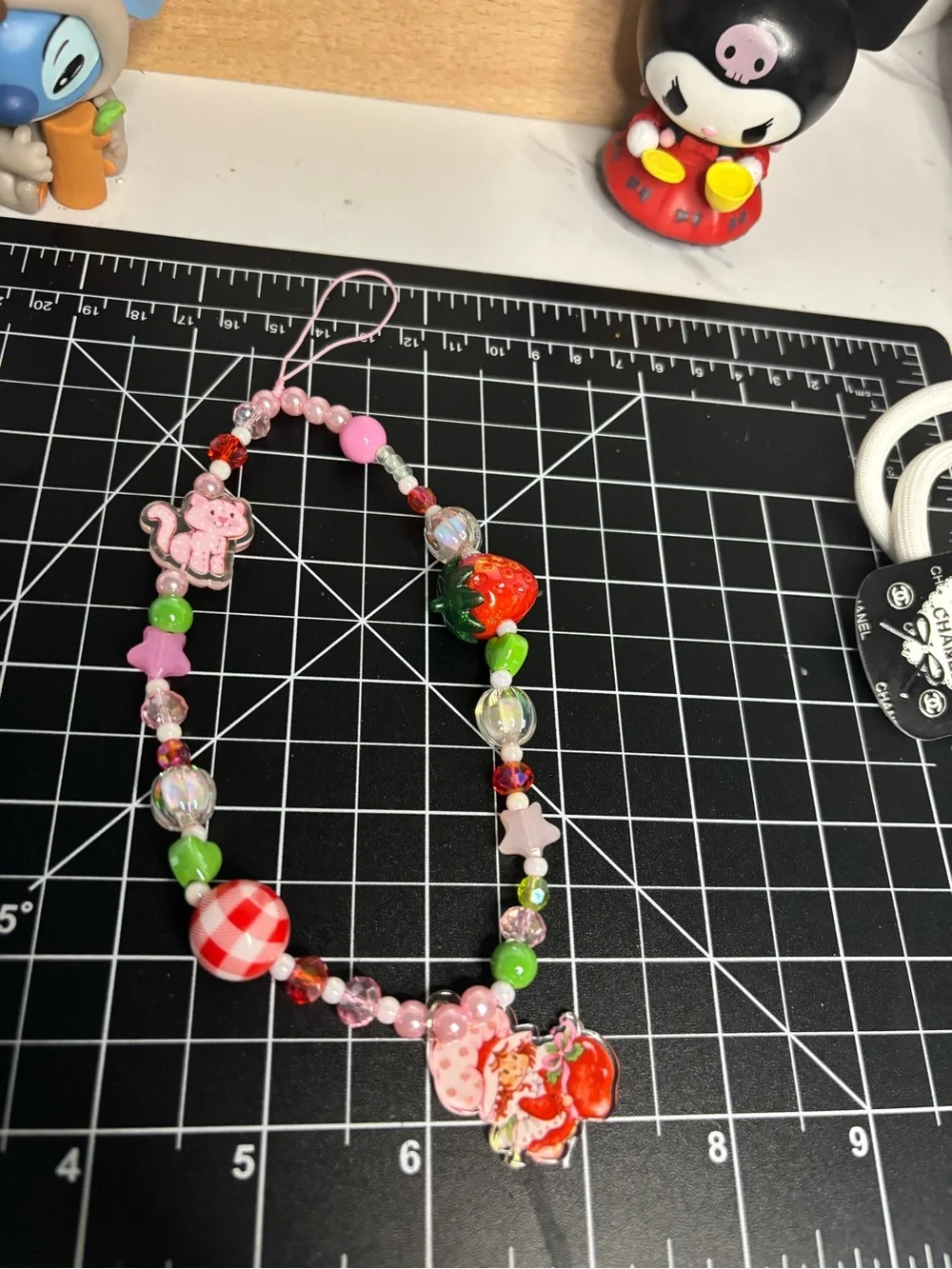 Pink Strawberry Beaded Kids Phone Charm - Cute Pink & Green Accessory